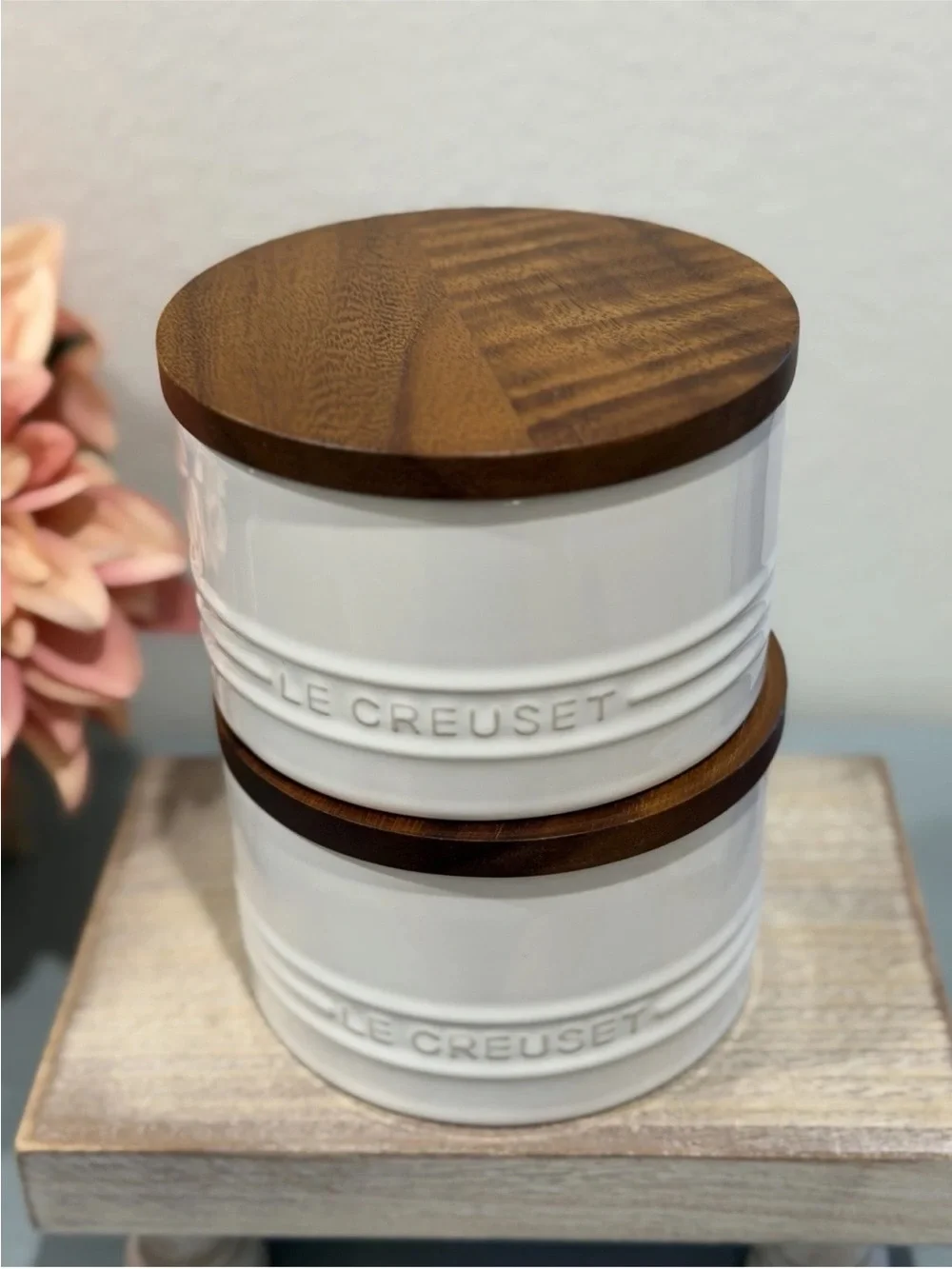 2 Le Creuset Stoneware Signature Storage Canister With Wood Lid- WHITE 16oz ~ FL